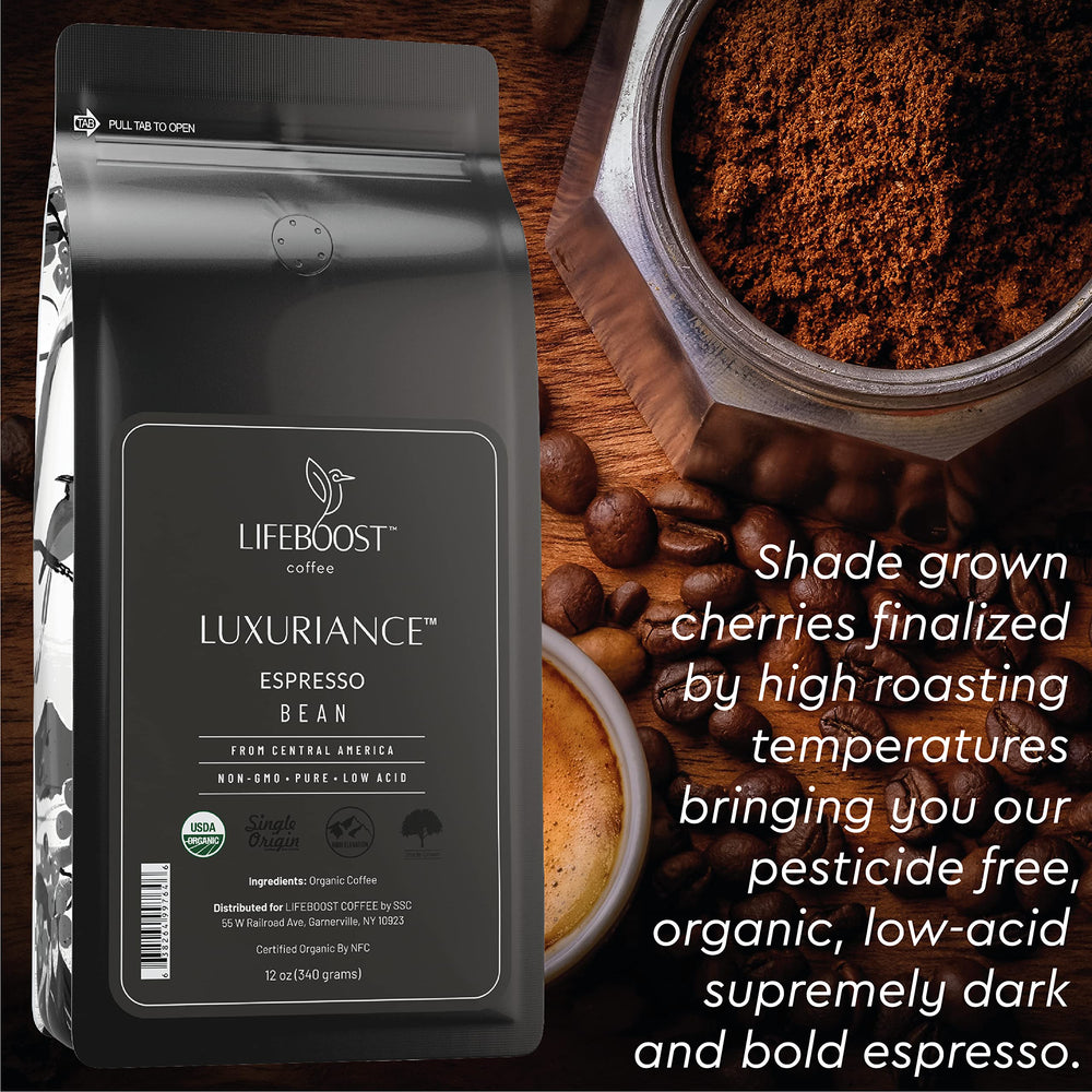 Lifeboost Organic Espresso beans closeup showing smooth texture and premium taste