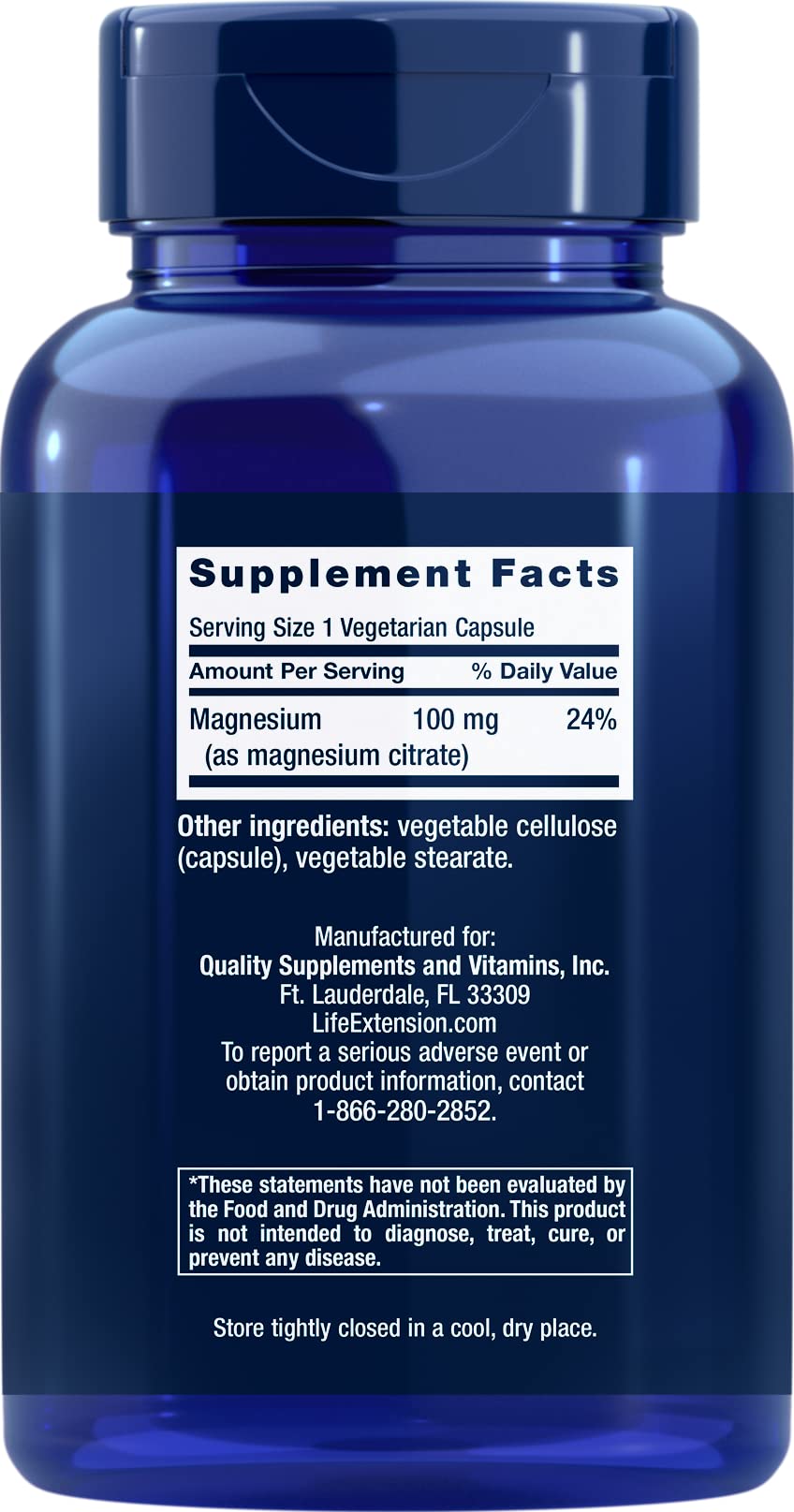 Life Extension Magnesium Citrate capsules closeup highlighting 100 mg element per capsule.