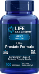 Life Extension Ultra Prostate Formula bottle highlighting 100 softgels for urinary support.
