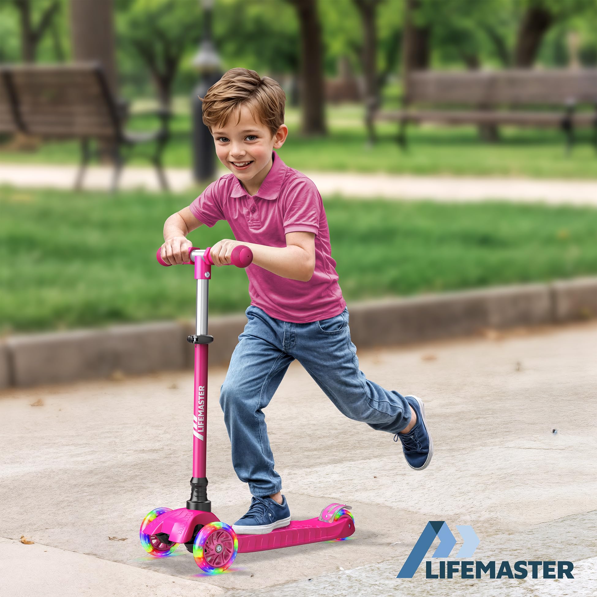 Lifemaster Kids Scooter adjustable handlebar in pink fits growing children.