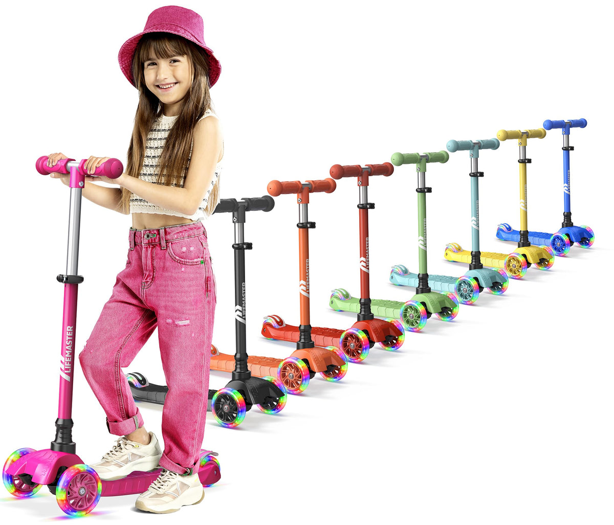 Lifemaster Kids Scooter side view in pink, stable for beginners.