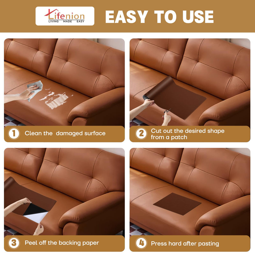 Lifenion leather repair patch applied to a sofa to cover scratches