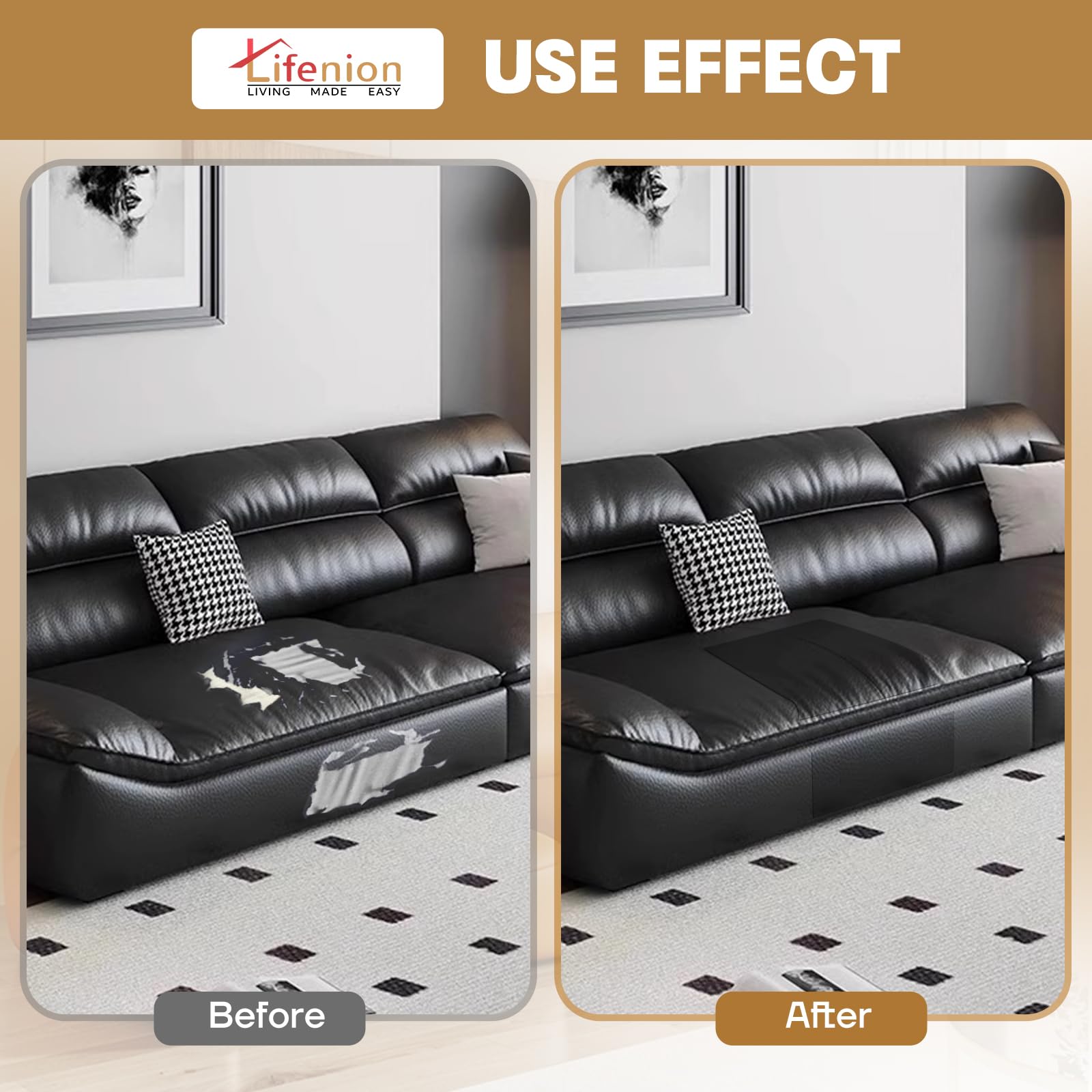 Lifenion vinyl leather repair tape demonstrates durable repair on furniture surfaces