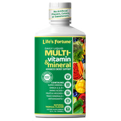 Life's Fortune liquid multivitamin bottle pour shows easy dosing for daily nutrition.