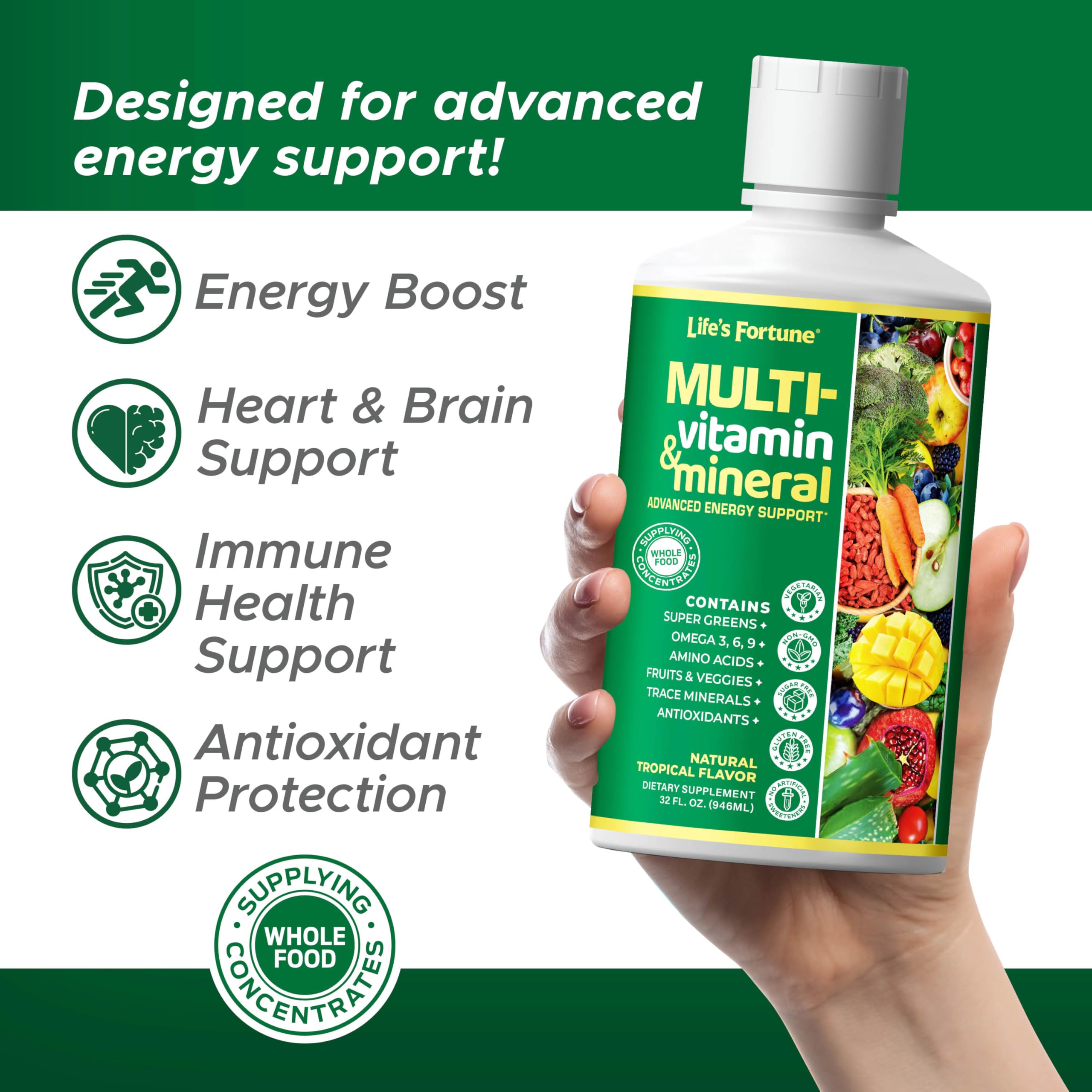 Life's Fortune label closeup highlights tropical flavor and sugar-free formula.