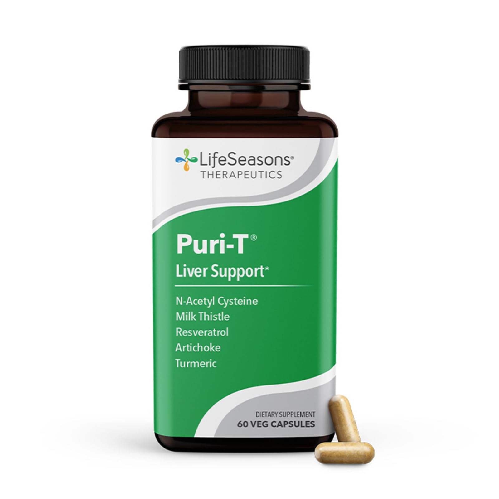 LifeSeasons Puri-T bottle front view promotes daily liver support and detox.