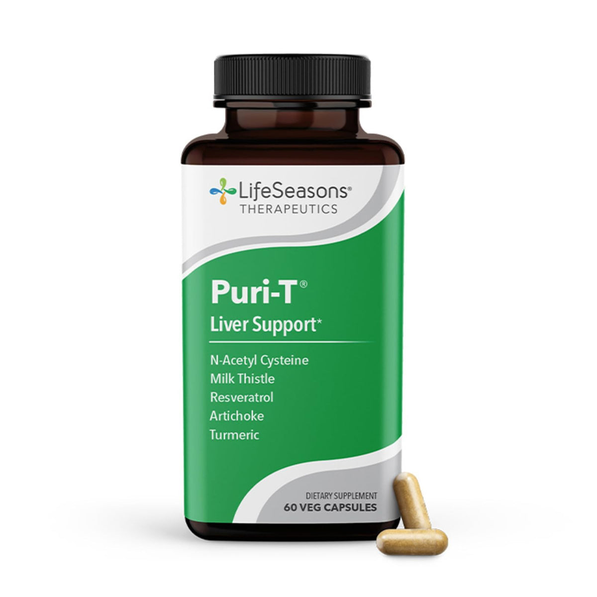 LifeSeasons Puri-T bottle front view promotes daily liver support and detox.