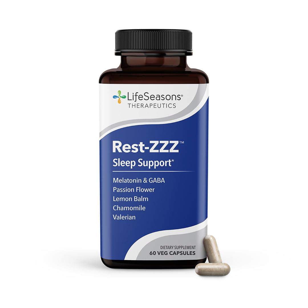 LifeSeasons Rest-ZZZ bottle with capsules on a nightstand, supporting restful sleep.