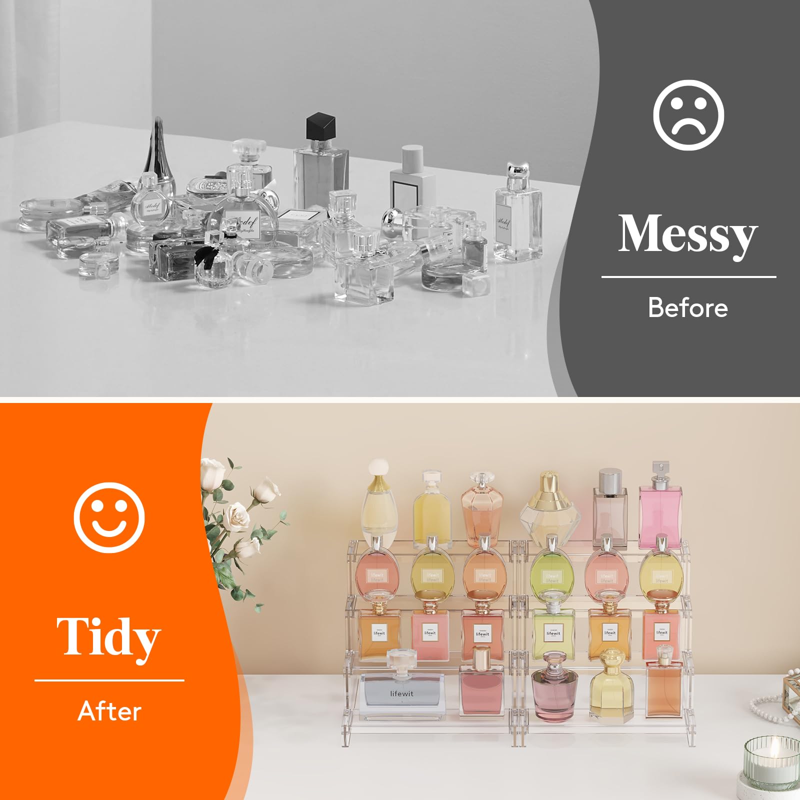 Lifewit clear four-level perfume riser with items at varied heights