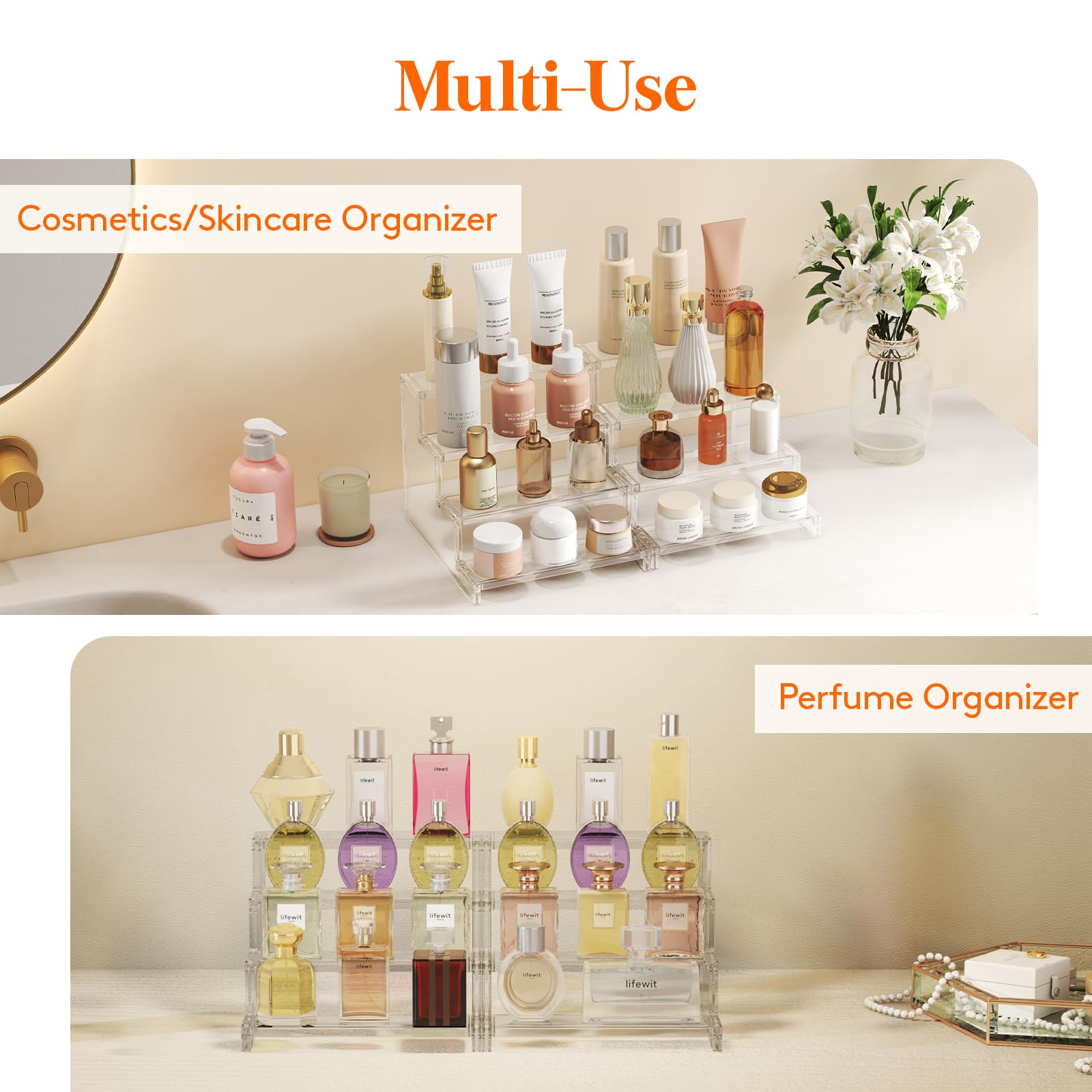 Lifewit makeup display on vanity shelf keeps cosmetics organized and accessible