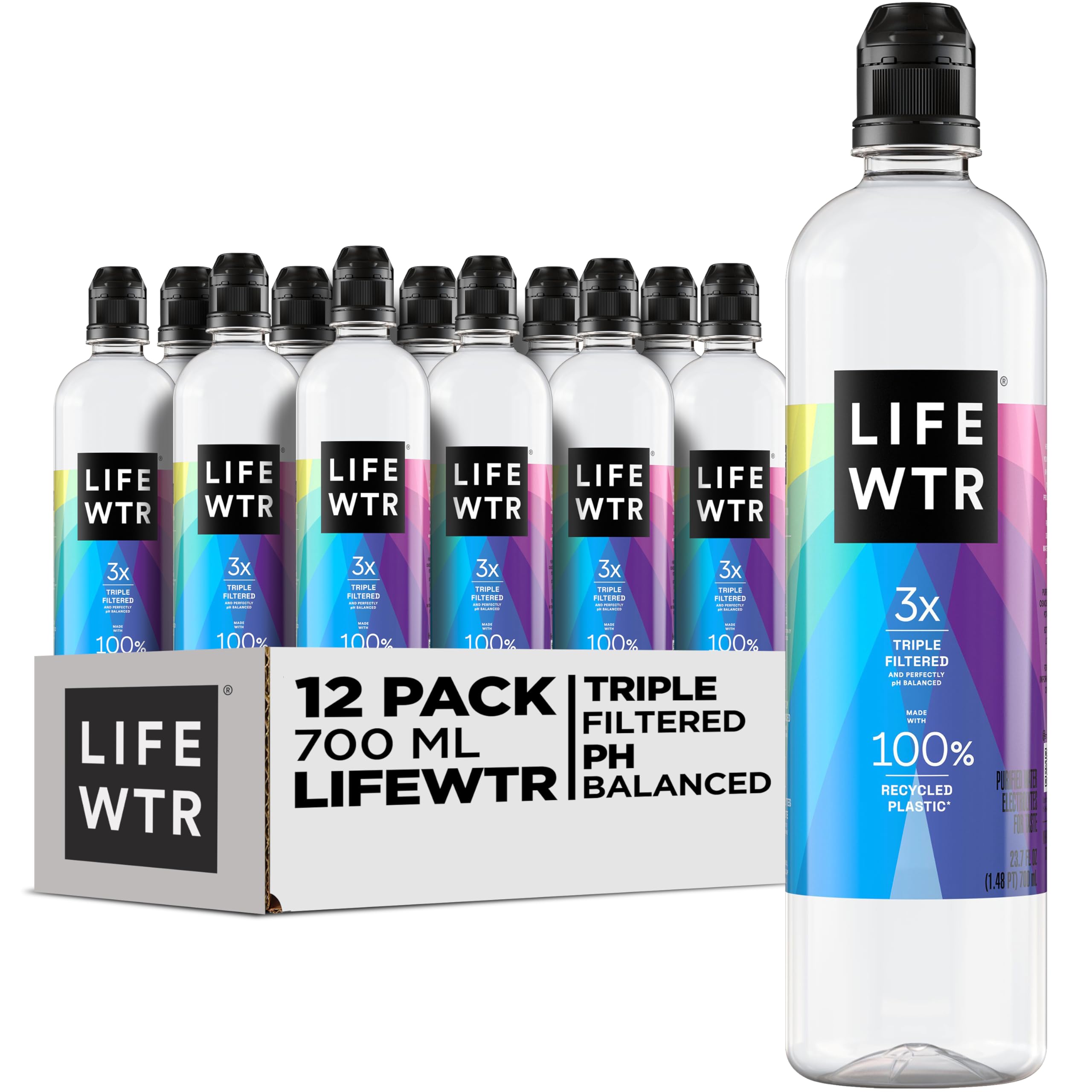 LIFEWTR Premium Purified Water bottle front for on-the-go hydration and inspiration.