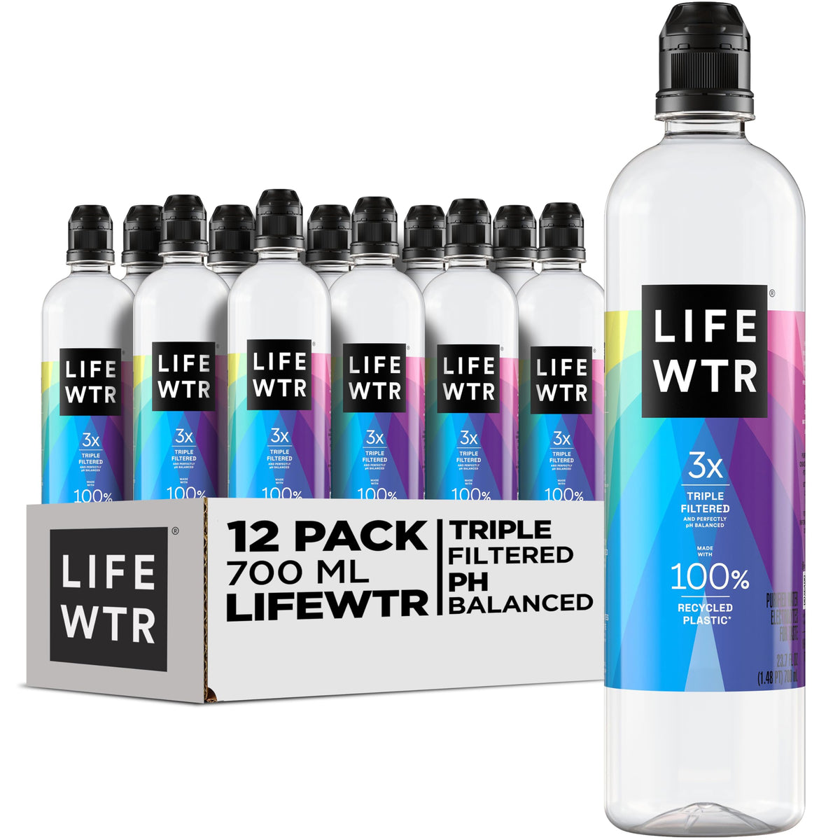 LIFEWTR Premium Purified Water bottle front for on-the-go hydration and inspiration.