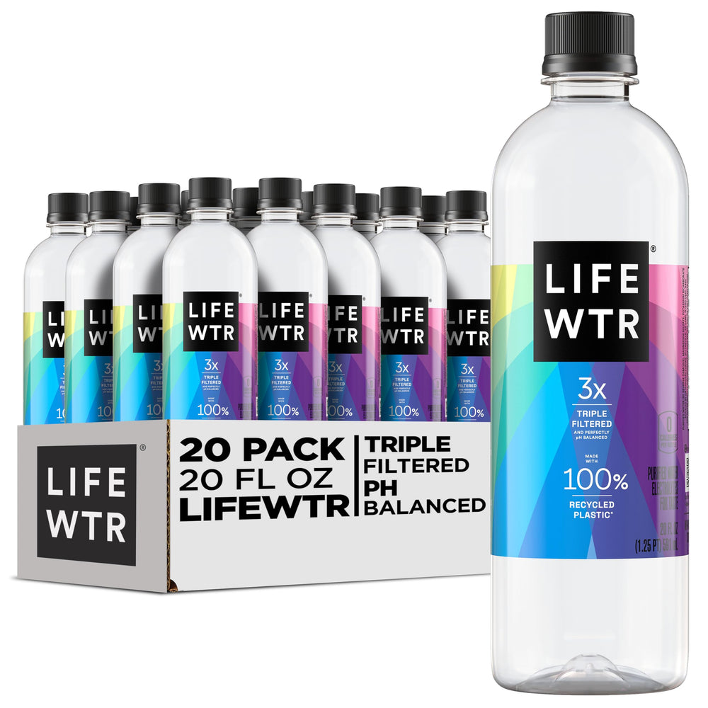 LIFEWTR premium purified water bottle with label art showcasing emerging artists for inspiration.