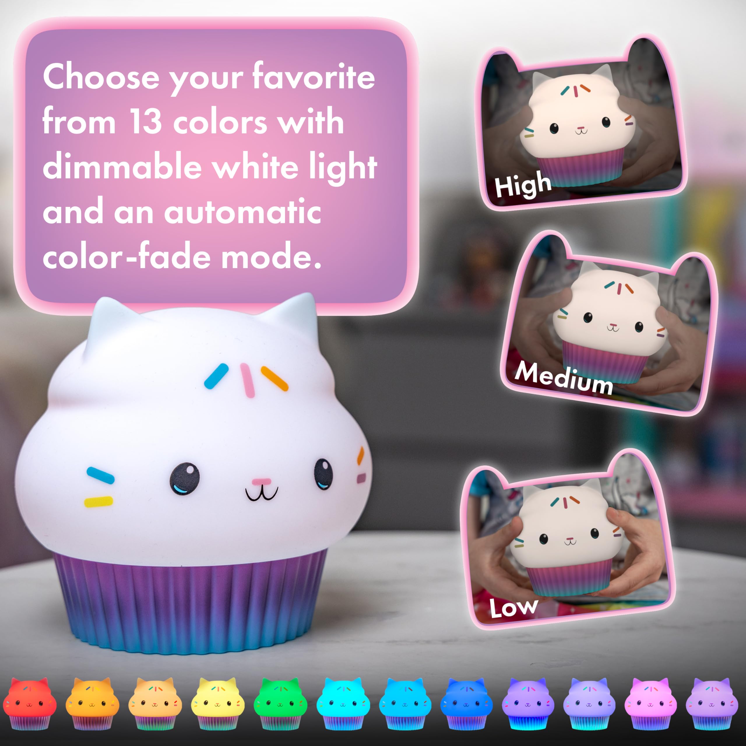 Cakey Cat lamp powered by USB-C for easy, corded setup.