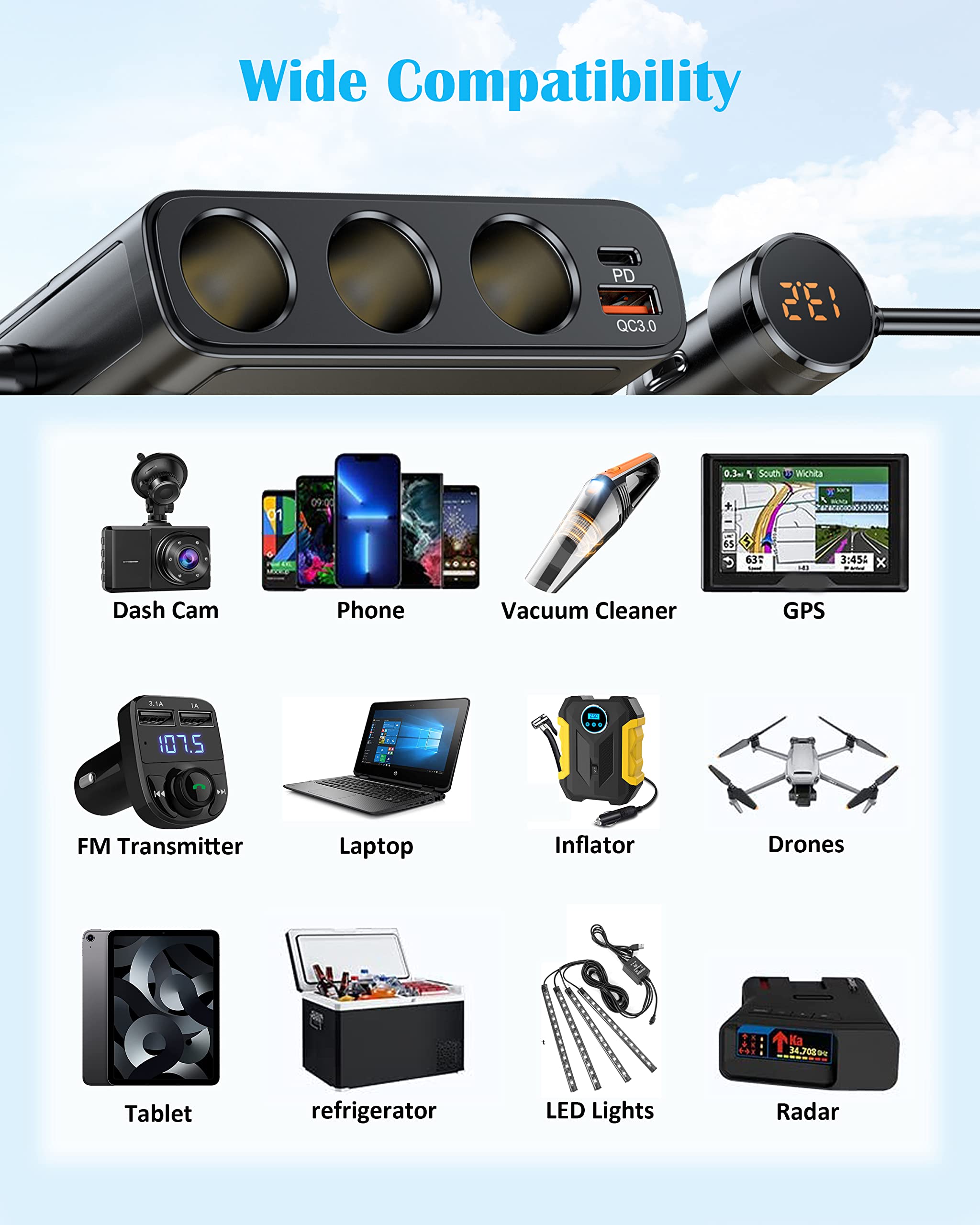 LIHAN 3.3ft extension cord reaches backseat devices with ease.