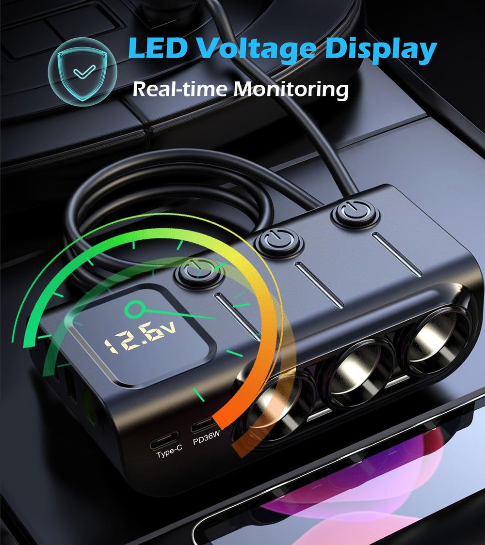 LIHAN 8-in-1 three-socket setup powering dash cam and more.