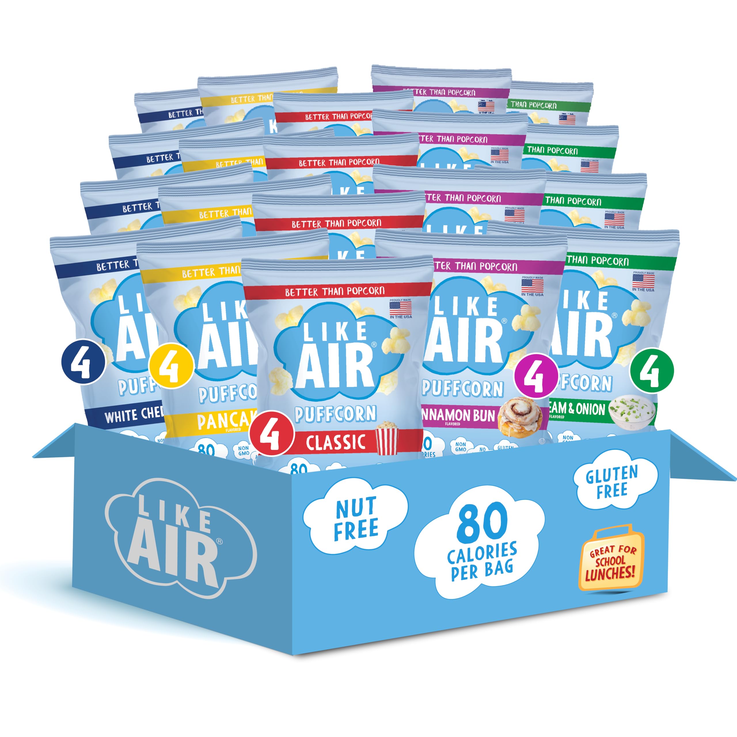 Like Air Puffcorn 5 Flavor Pack front view highlights on-the-go snack variety.