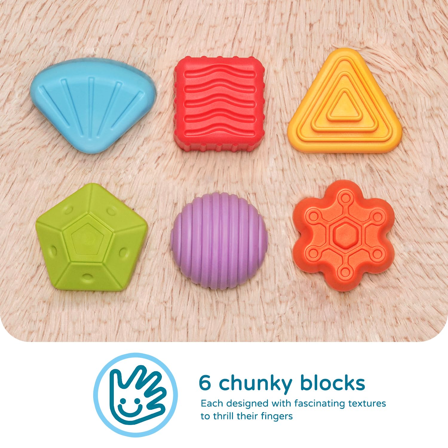 Baby enjoys focused play that supports patience during busy playtime.