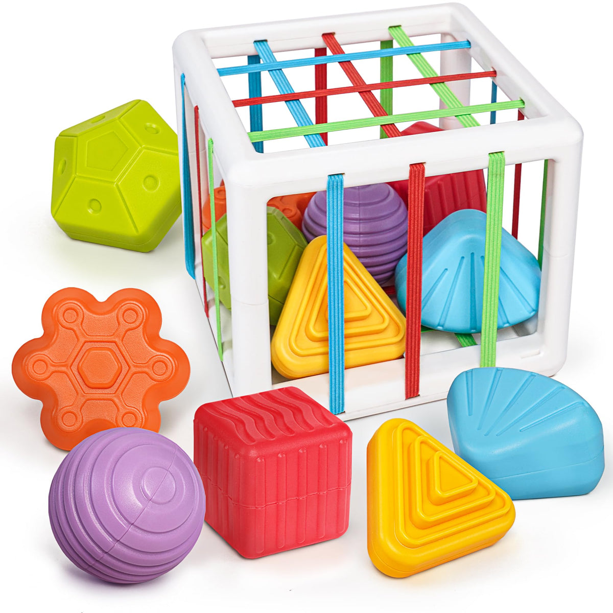 LiKee Montessori shape sorter cube promotes fine motor skills and shape recognition.