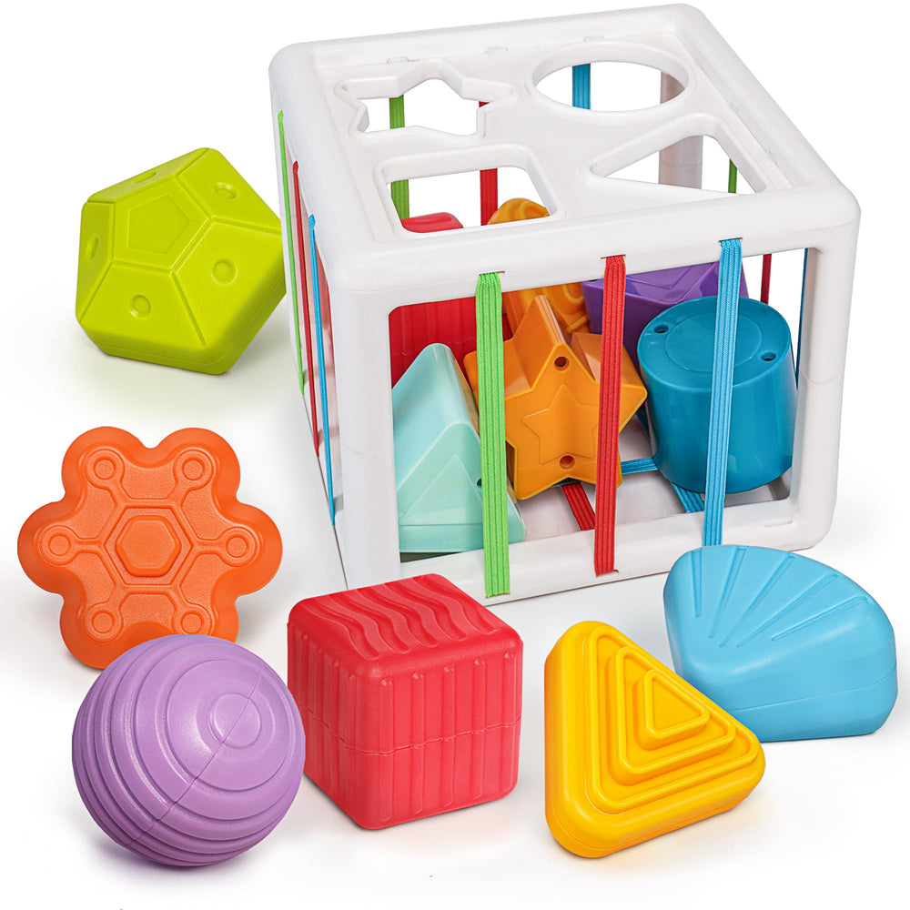 LiKee Shape Sorter blocks with textured surfaces for tactile exploration and fine motor practice.