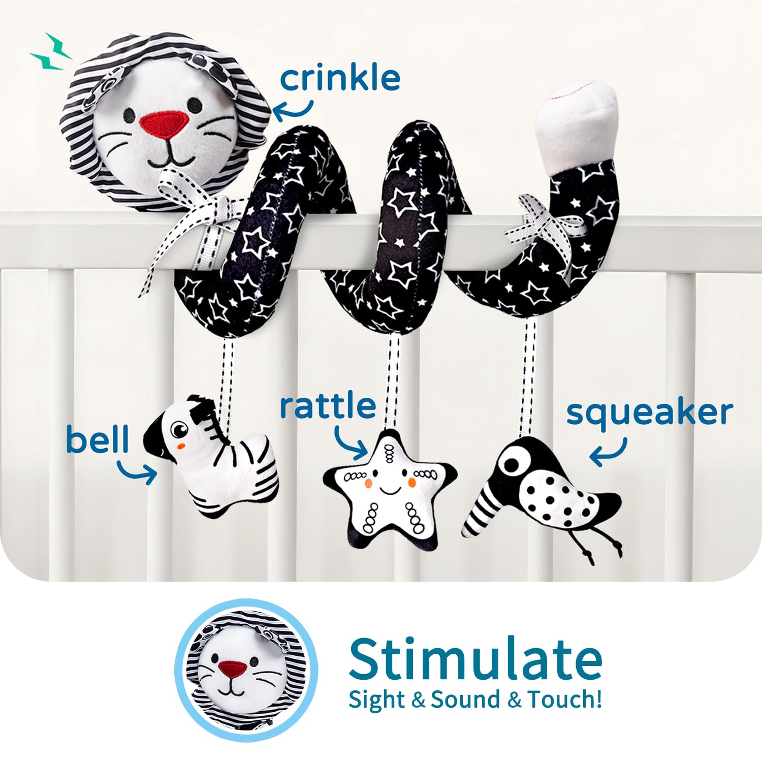 LiKee Spiral Car Seat Toy securely attaches to crib or car seat for steady play