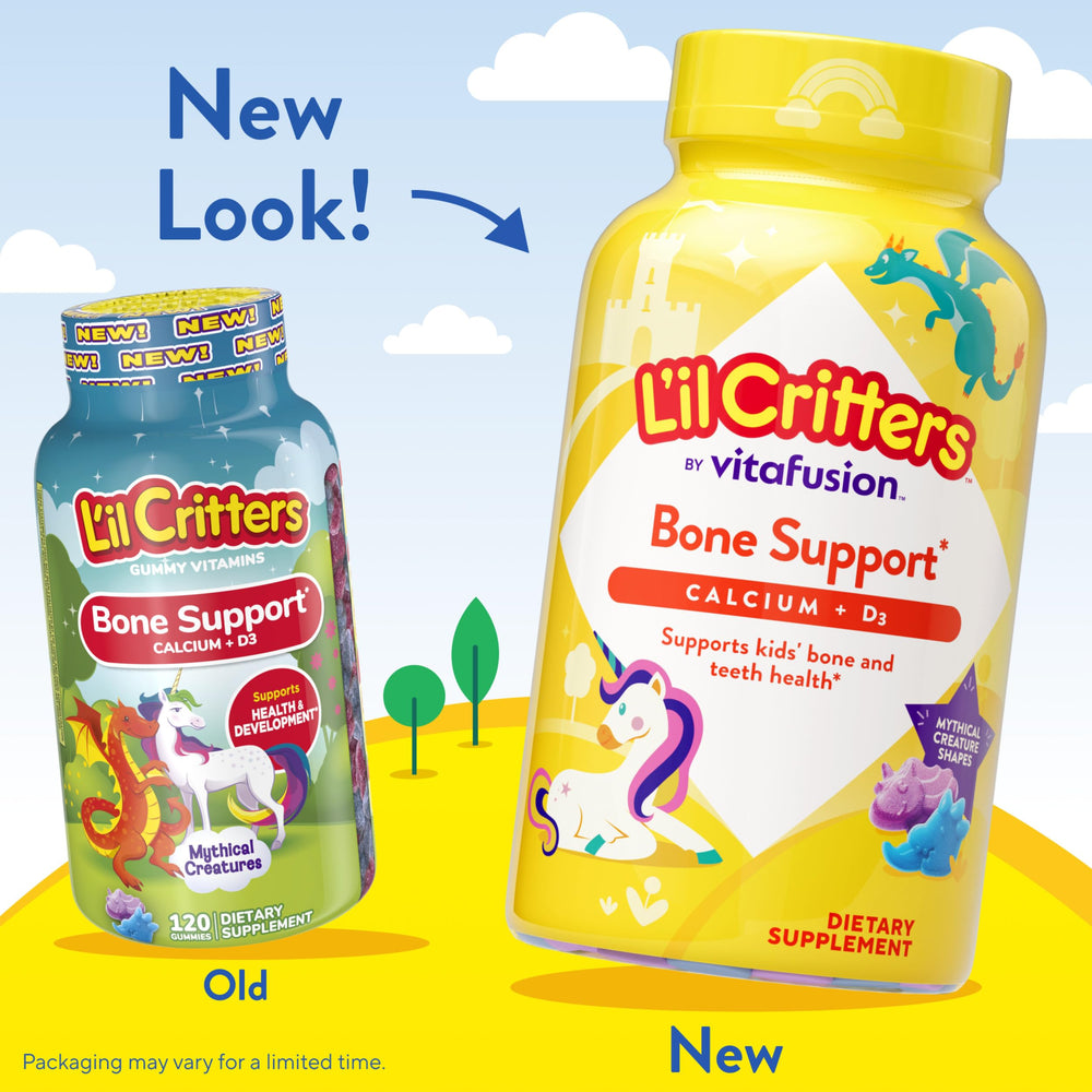 Lil Critters Bone Support gummies in fruity flavors to support daily calcium intake.