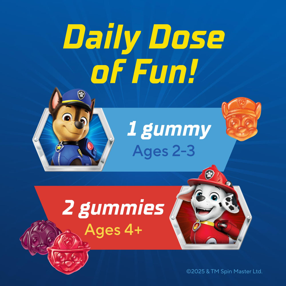Lil Critters Paw Patrol blueberry-flavored gummy closeup suggests tasty, trusted daily nutrition.