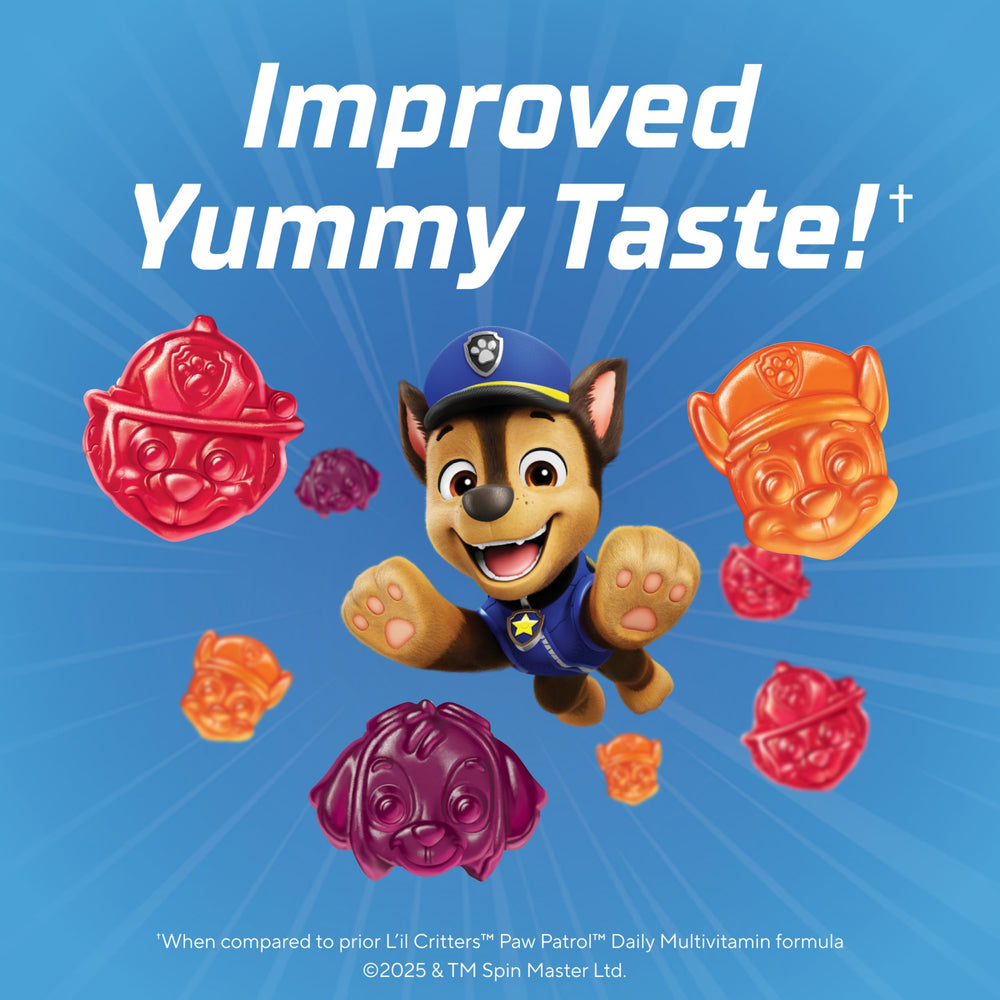Lil Critters Paw Patrol packaging closeup highlights allergen-free features for families.