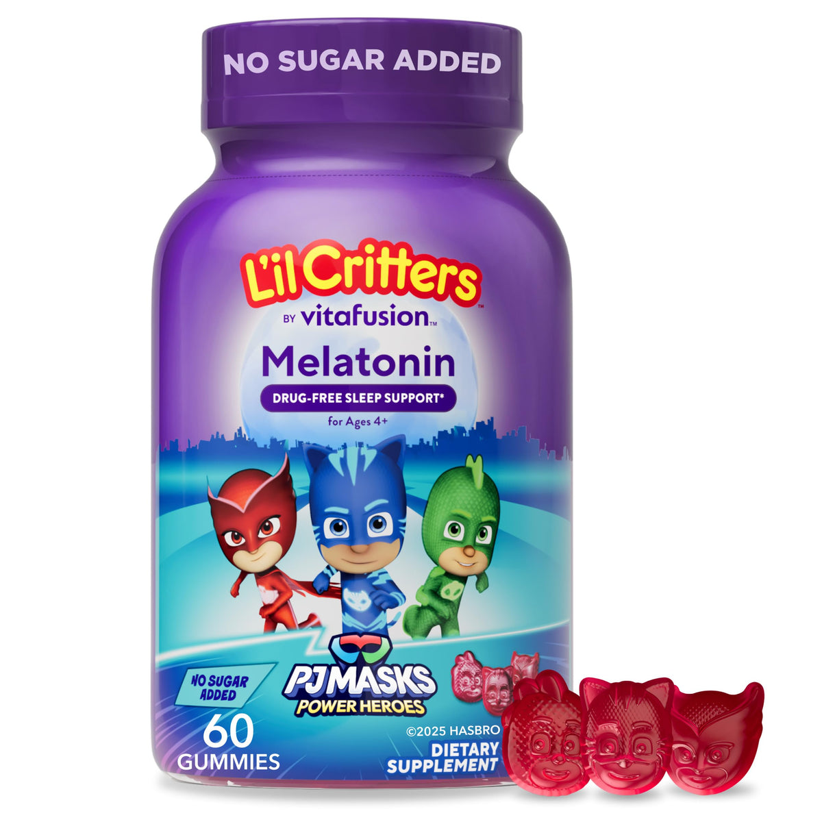 Lil Critters PJ Masks Melatonin gummies bottle showing berry flavor for bedtime