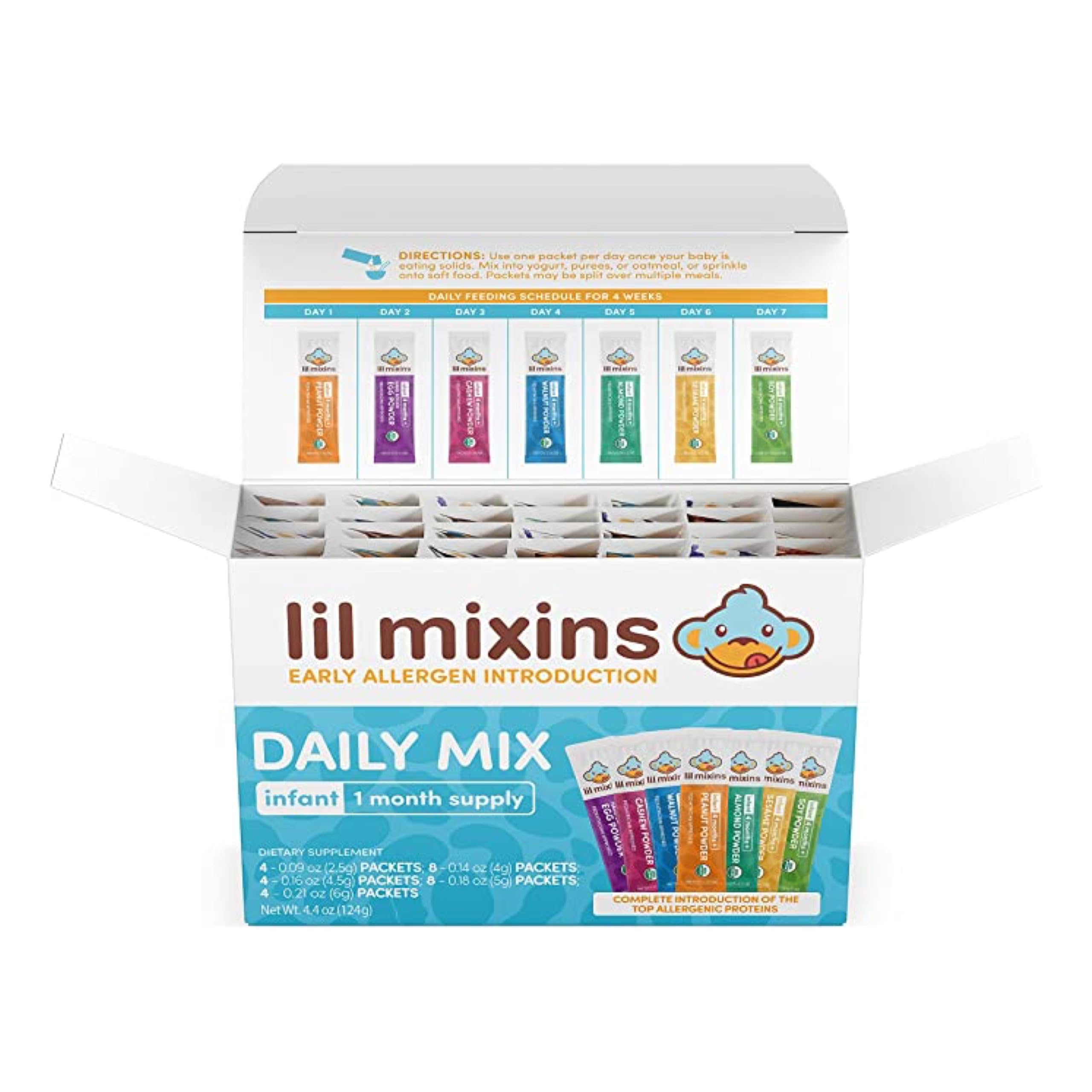 Lil Mixins daily packet-serve demonstrating easy allergen integration for tiny tummies.