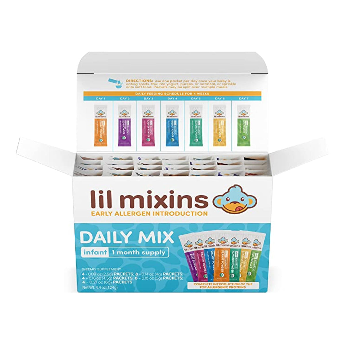 Lil Mixins daily packet-serve demonstrating easy allergen integration for tiny tummies.