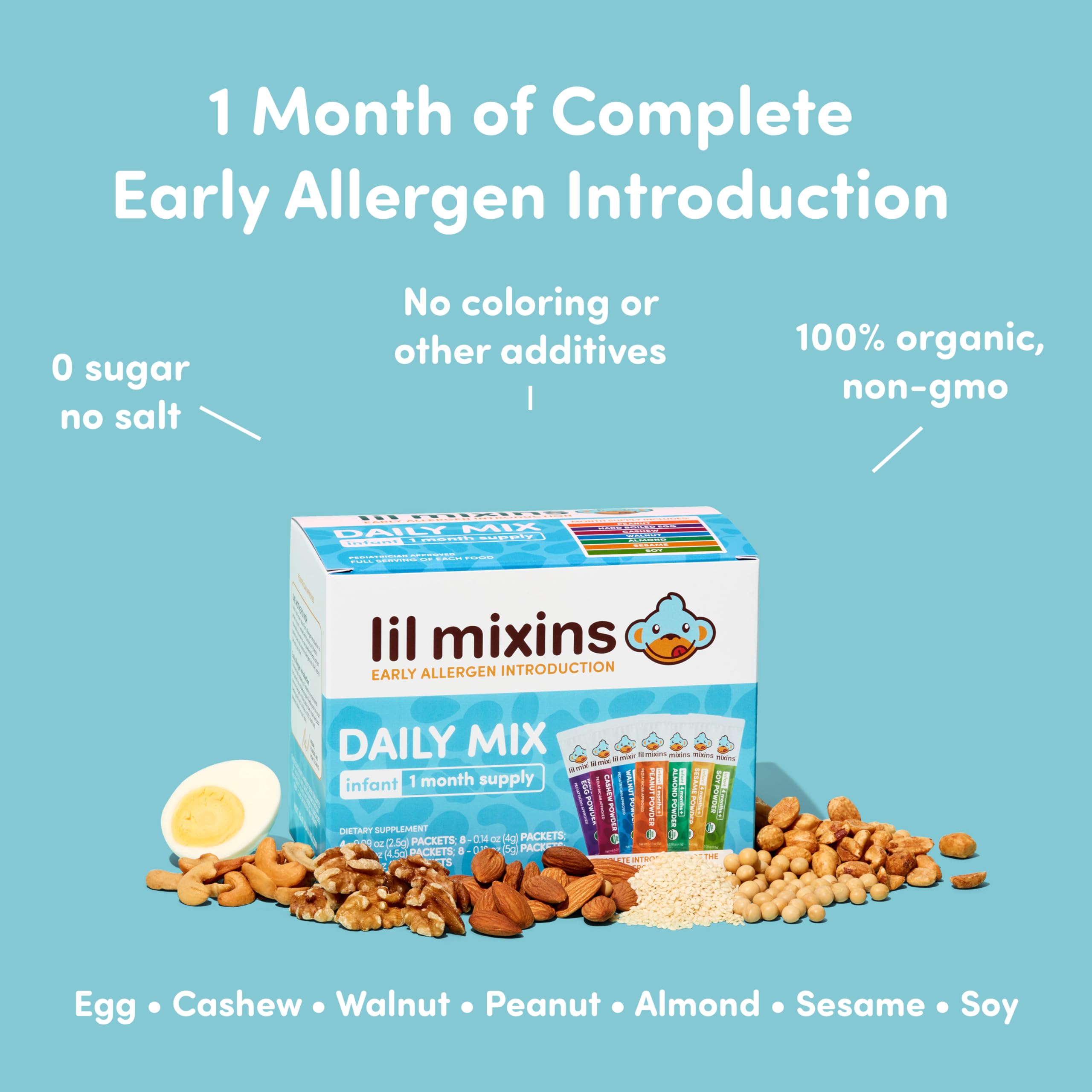 Lil Mixins one-allergen-at-a-time approach supports careful introduction at home.