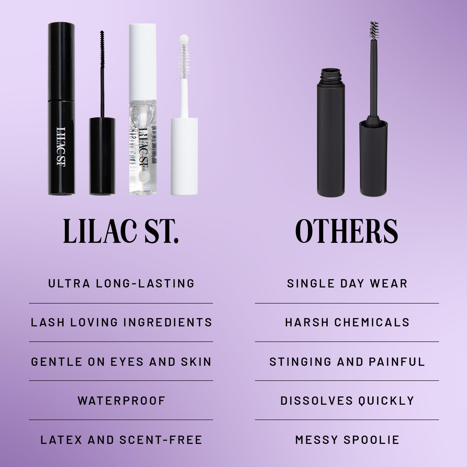 Lilac St lash wisps aligned at the lash root for natural look.