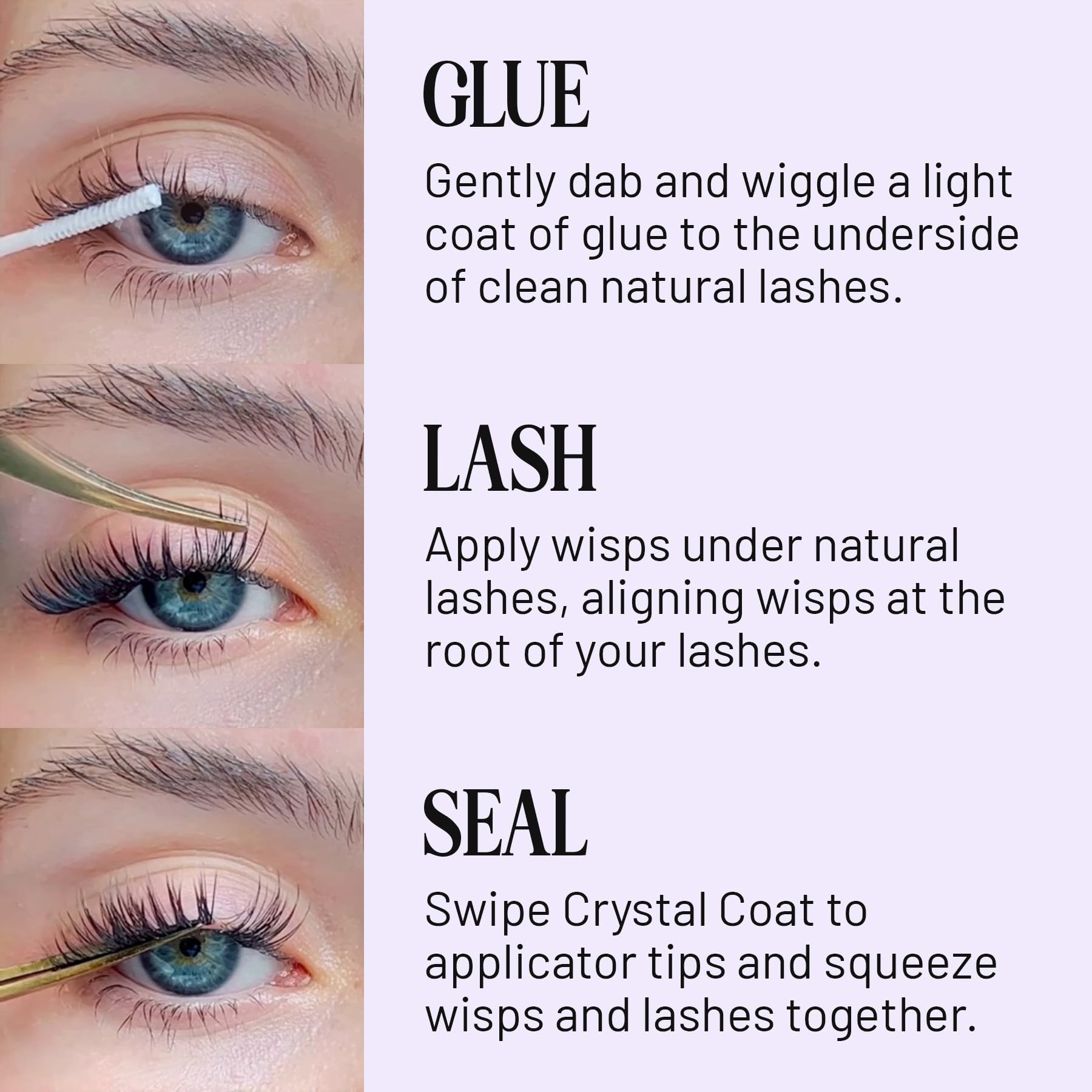 Lilac St under lashes glue application demonstrated for root alignment.