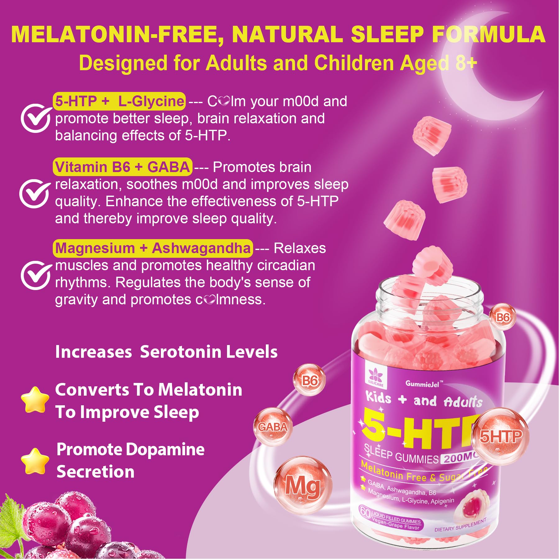 LILICARE 5HTP Gummies kids-8plus pack: kid-friendly sleep support.