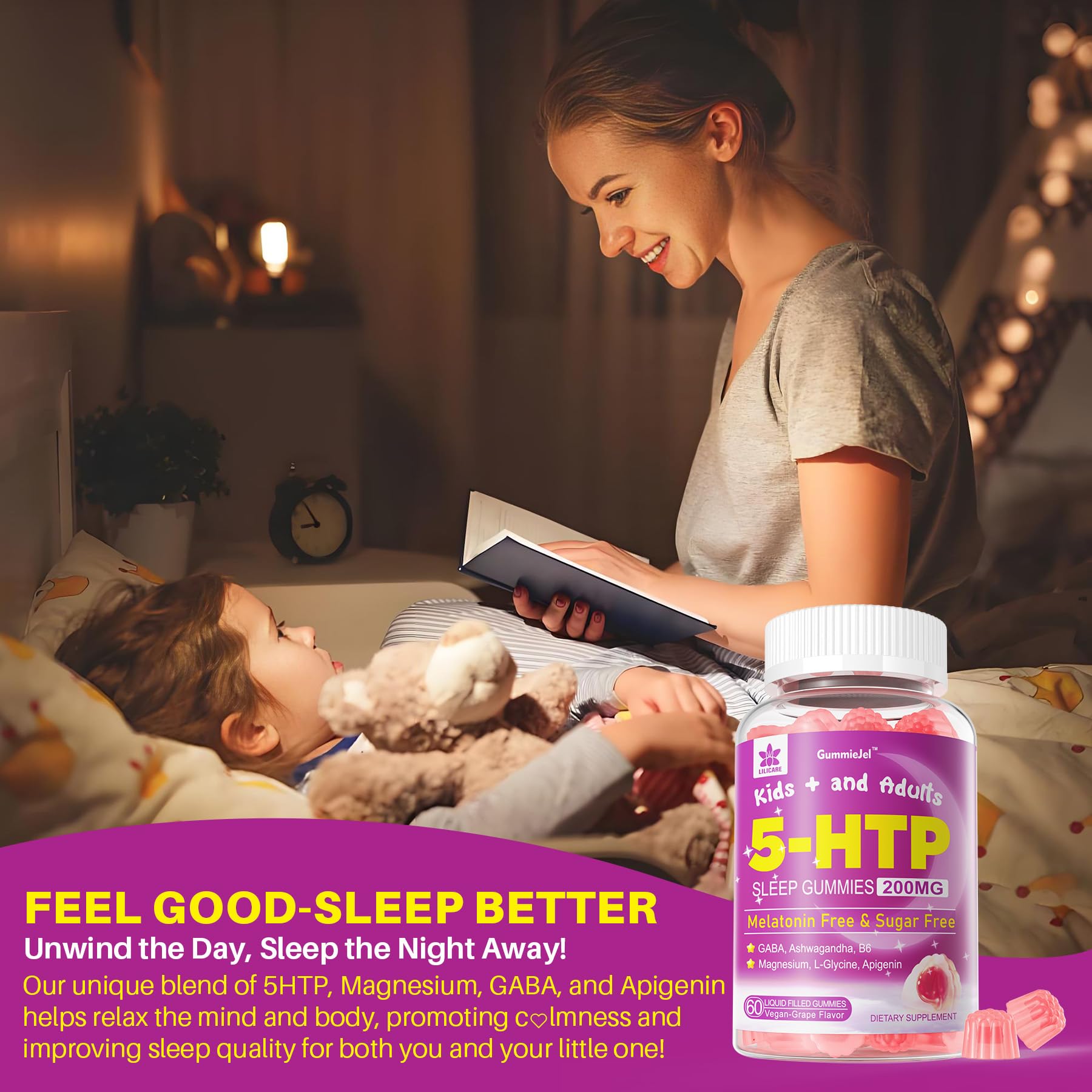 LILICARE 5HTP Gummies night scene: calming nighttime ritual.
