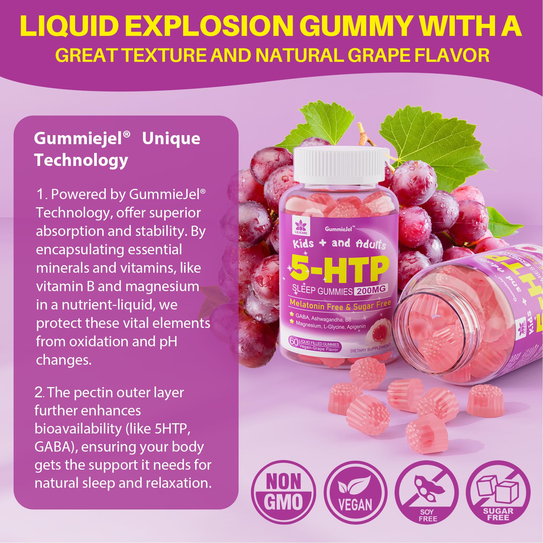 LILICARE 5HTP Gummies sugar-free label: no added sugars for daily use.