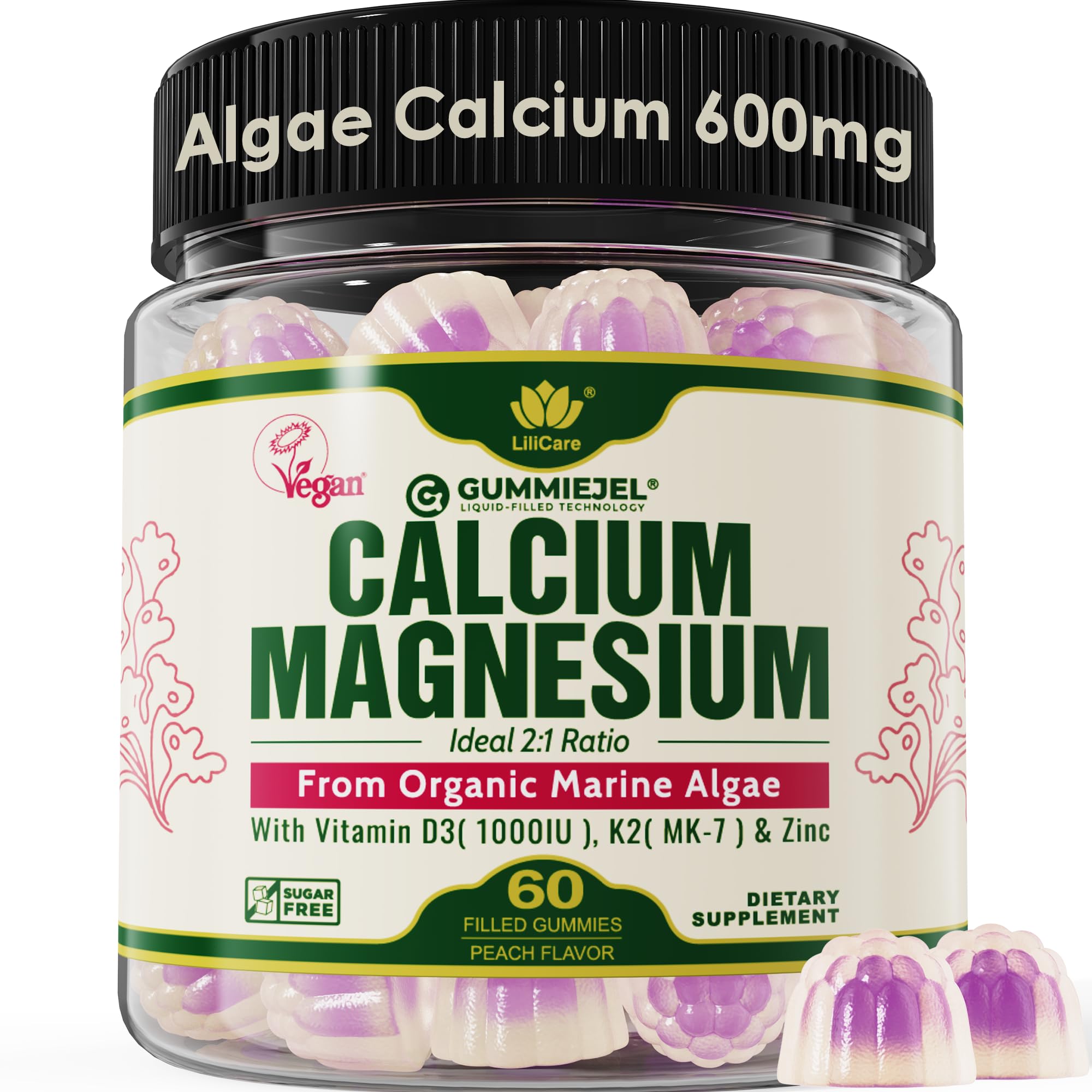 LILICARE algae calcium gummies bottle highlighting plant-based bone support and sugar-free formula