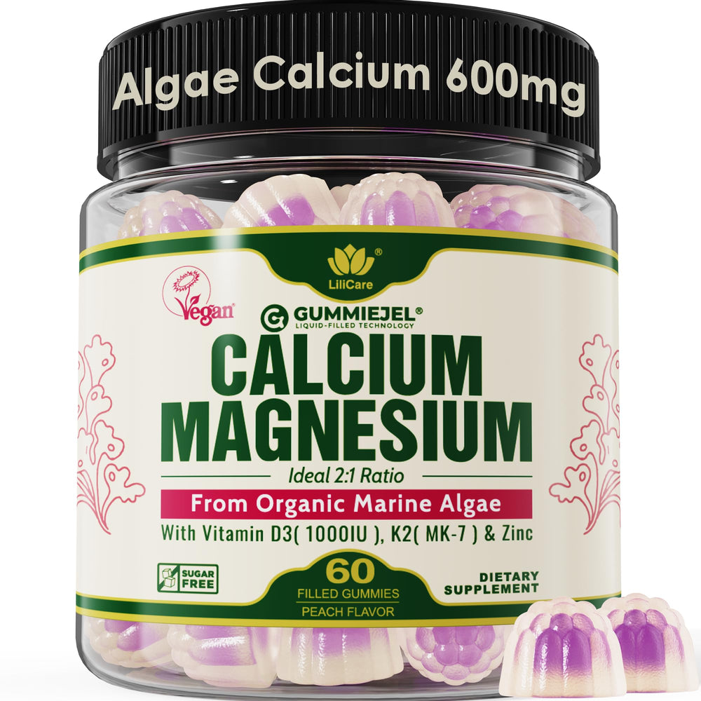 LILICARE algae calcium gummies bottle highlighting plant-based bone support and sugar-free formula