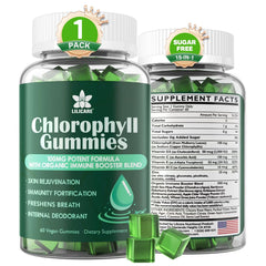 LILICARE Chlorophyll Gummies bottle close-up highlighting vegan nutrition for daily energy.