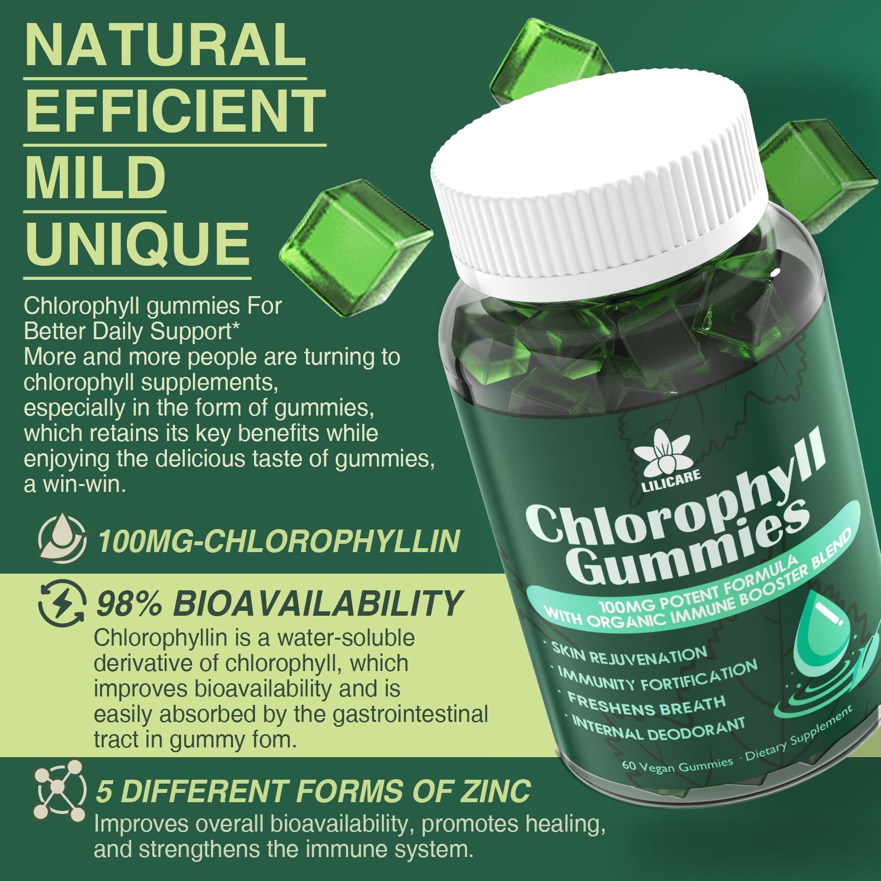 LILICARE Chlorophyll Gummies mulberry leaves detail shows natural nutrients for everyday wellness.
