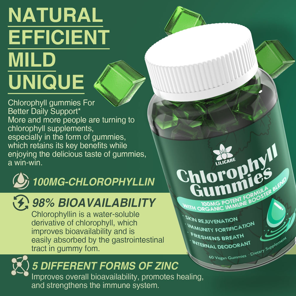 LILICARE Chlorophyll Gummies mulberry leaves detail shows natural nutrients for everyday wellness.
