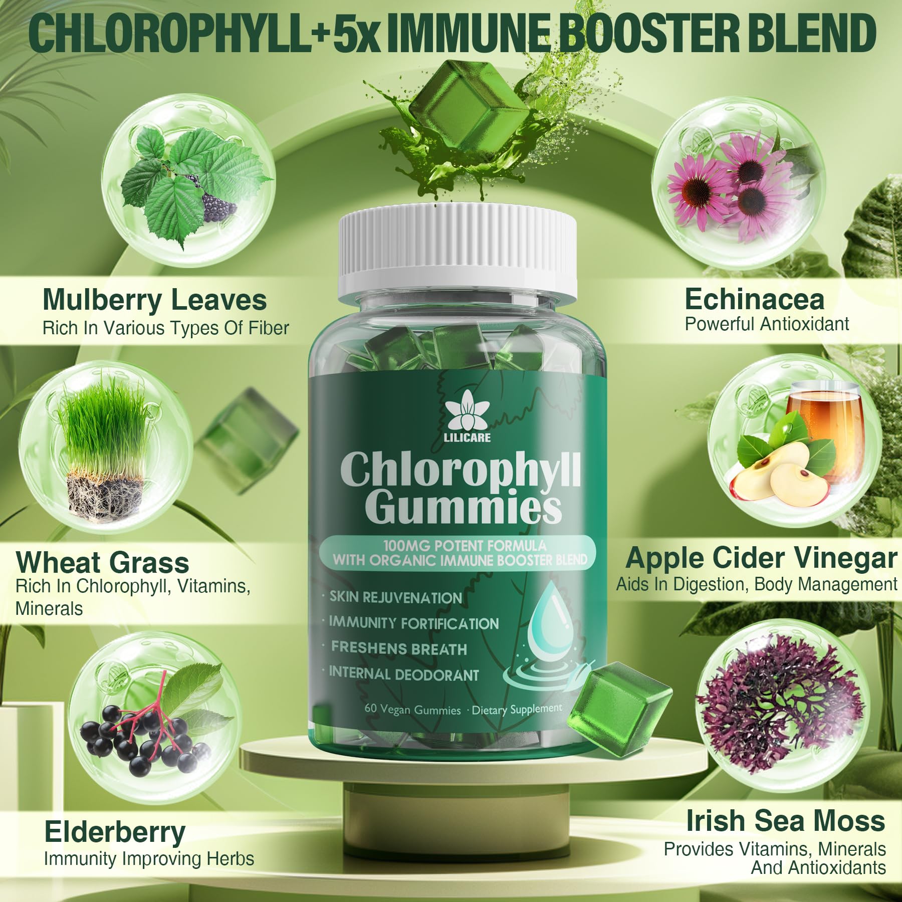 LILICARE Chlorophyll Gummies texture close-up communicates soft, chewy satisfaction with zero added sugar.