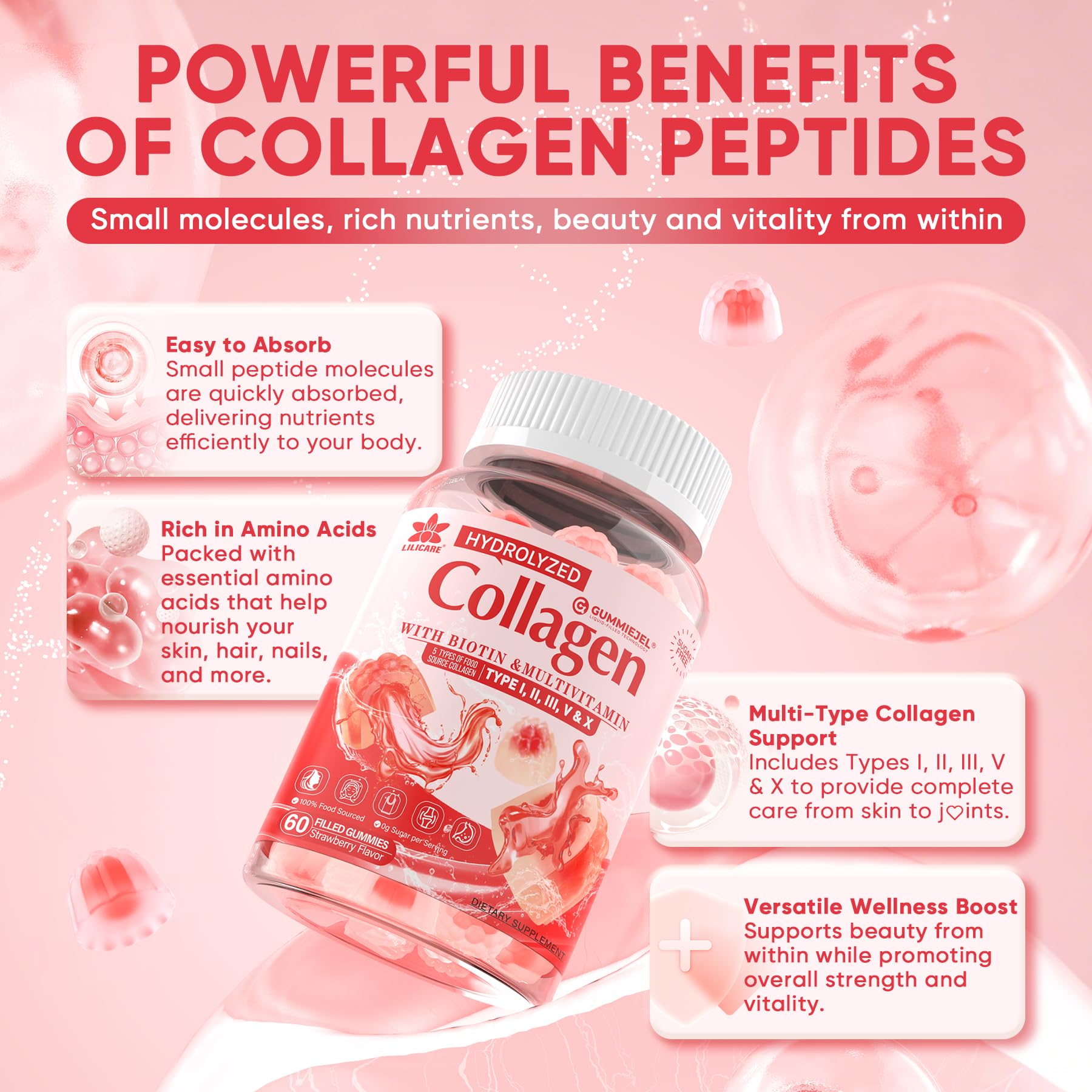 LILICARE bottle label view highlights multi-collagen and essential nutrients