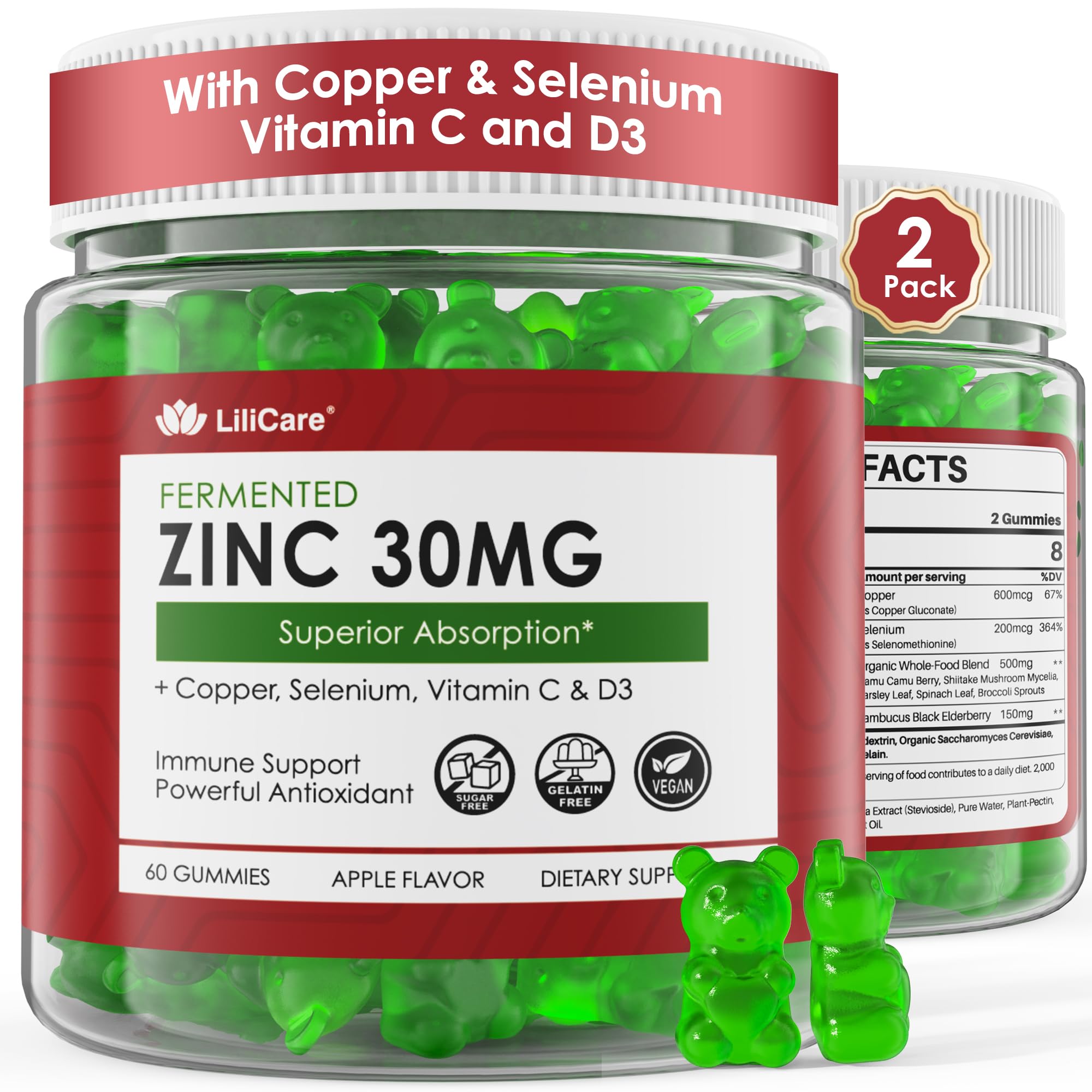 LILICARE Fermented Zinc Gummies bottle front, vegan and sugar-free formula.
