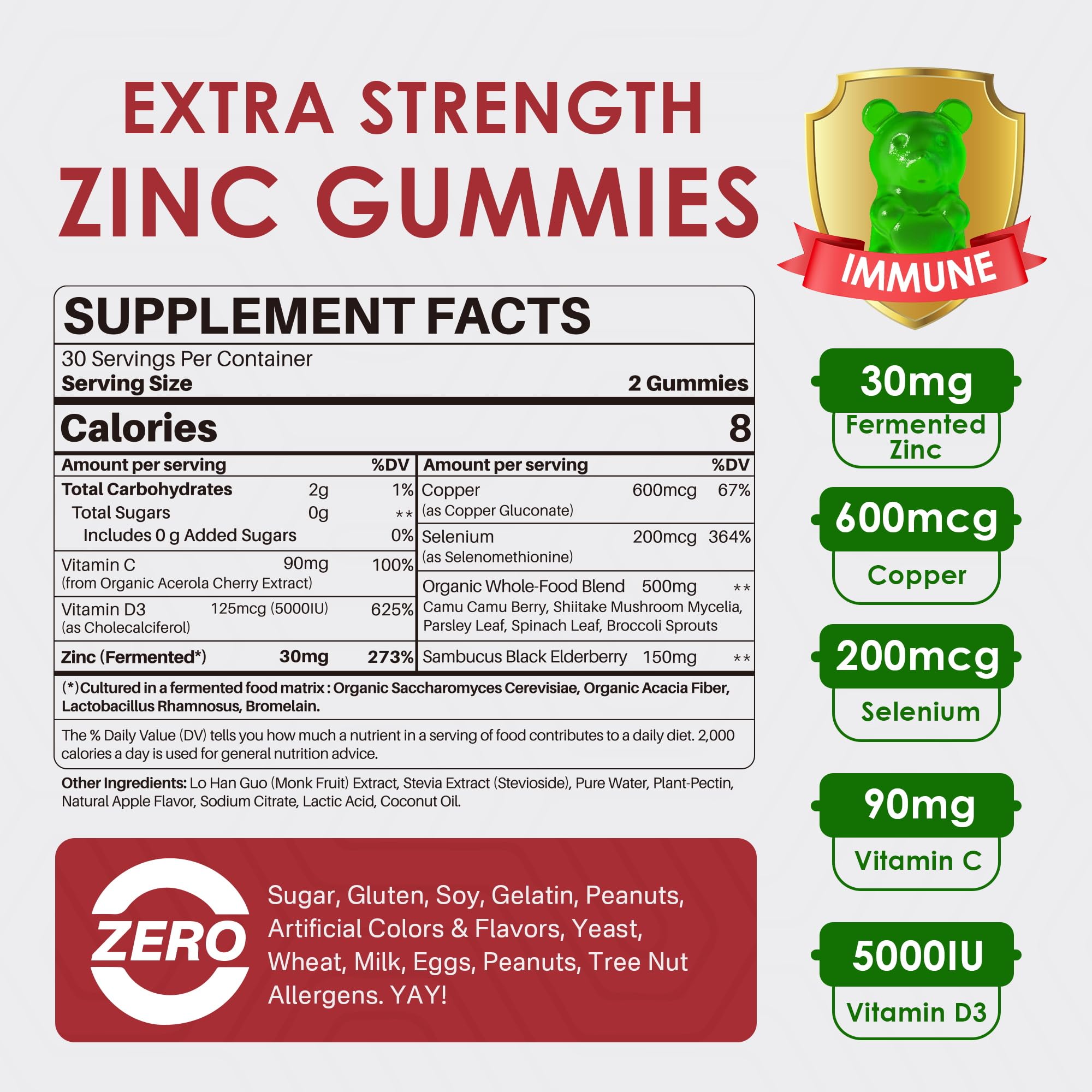 LILICARE zinc gummies ingredients panel with copper, selenium, vitamin C and D3.
