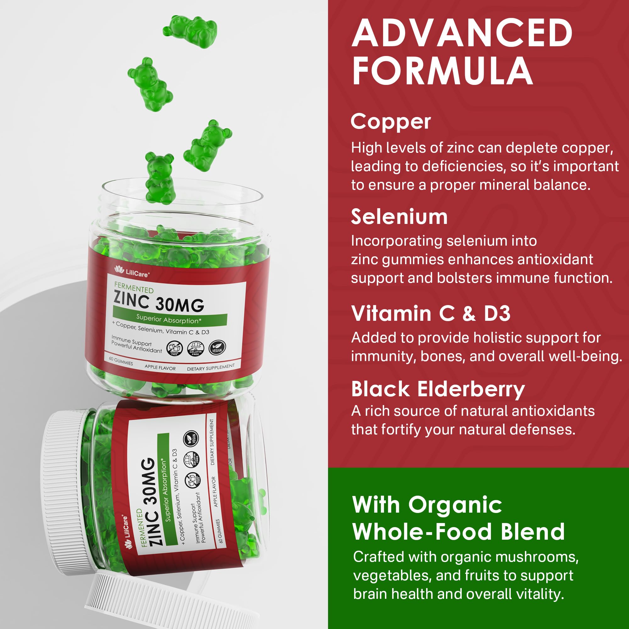 LILICARE zinc gummies highlight copper, selenium, vitamin C and D3 benefits.