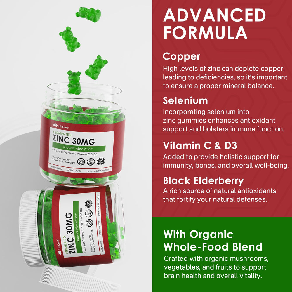 LILICARE zinc gummies highlight copper, selenium, vitamin C and D3 benefits.