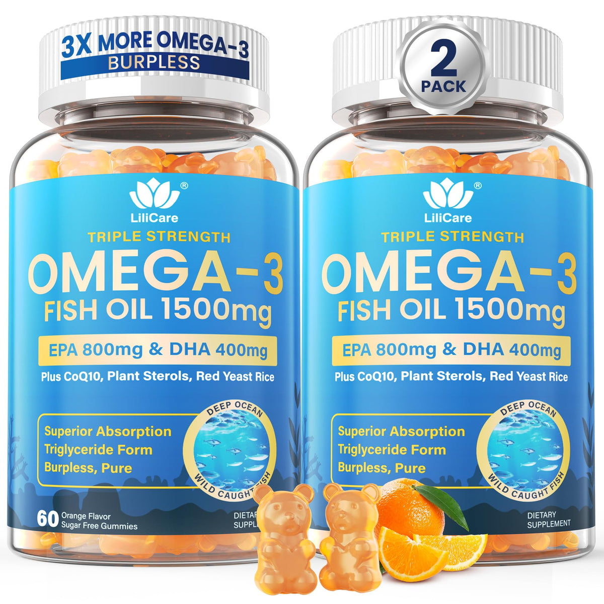 LILICARE Fish Oil Gummies bottle on table for daily omega-3 routine.