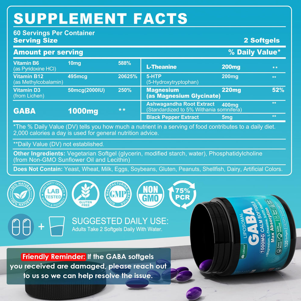 LILICARE GABA softgels close-up showing easy-to-swallow capsules